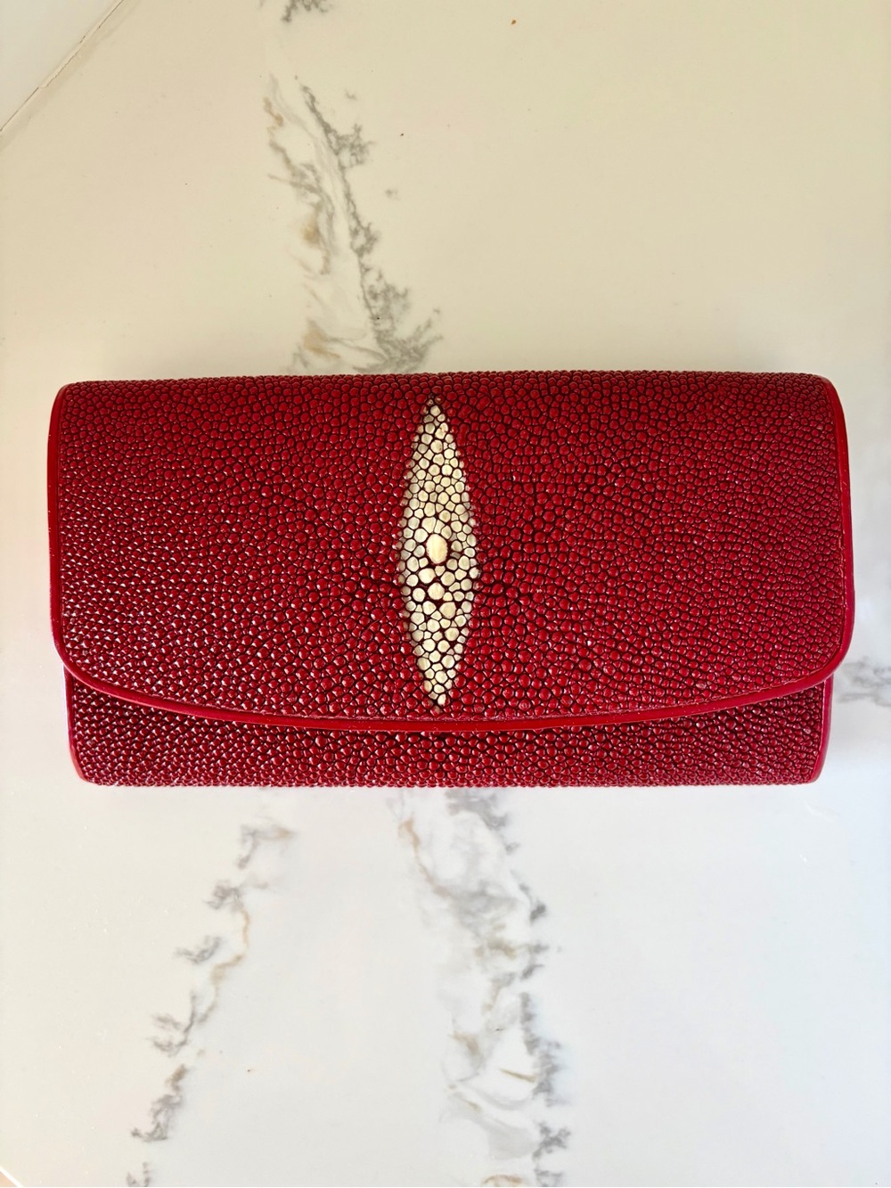 Red Stingray Wallet Genuine Stingray Skin Cowhide Leather Exotic Trifold Luxury